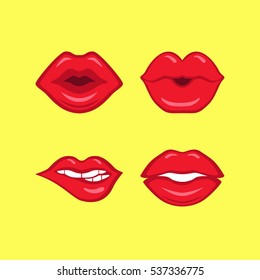Set of red lips on yellow background made in comics style