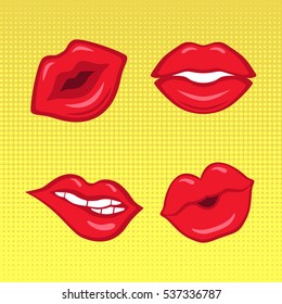 Set of red lips on yellow half-tone background made in comics style