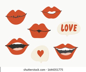 Conjunto de labios rojos, boca abierta con dientes y inscripción en lengua en la burbuja del diálogo amor y el corazón, vector aislado. Para crear postales, imprimir en pantalones y bolsas, bolsas.