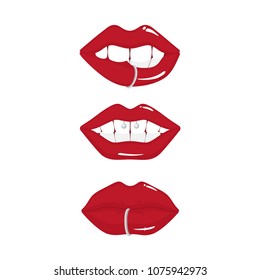 Set of red lips with piercings.