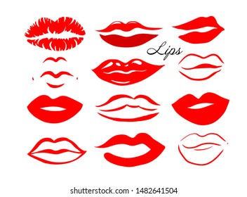 Set Red lips, sexy woman's kiss with birthmark, flat style, vector illustration. Beauty logo. Element design multi-colored lips