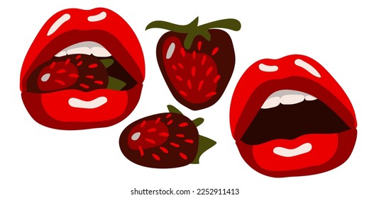 A set of red lips with strawberries. Berry in the teeth in the mouth. A bright illustration for printing on banners. Vector illustration of female lips. A kiss. Isolated on a white background