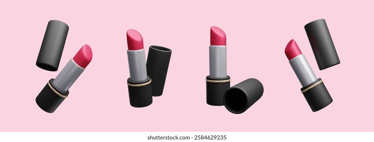 Set of red lipsticks 3D realistic vector illustration. Luxury elegant black lipstick case, beauty make-up cosmetic product. Lip gloss, lip balm Korean skincare treatment 3D vector set.