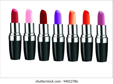 Set of red lipsticks isolated on white reflective background