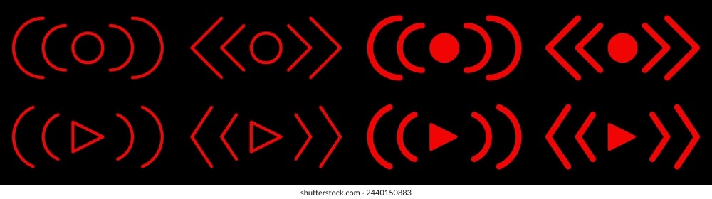 Set von roten Live-Broadcast-Signal-Icons. Einfacher Vektor isoliert auf schwarzem Hintergrund. Design für Apps, Web, Social Media.