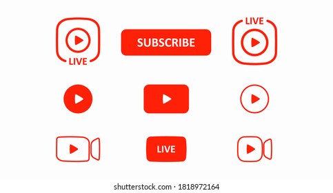 A set of red Live, subscribe, and play buttons isolated on a white background. Buttons for live broadcast, online broadcasting. Vector illustration