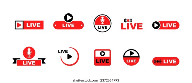 Set of red live vector icons. Online webinar or stream.