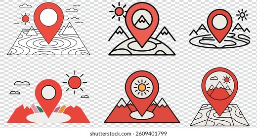Set of Red Location Markers on Maps with Mountains and Sun