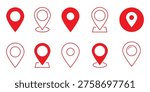 Set of red location pin icons. Red map pin icon set of location mark marker pin navigation map travel destination point pointer icons place tag geo gps geotag locator. Map pointers. GPS location symbol. Vector illustration.