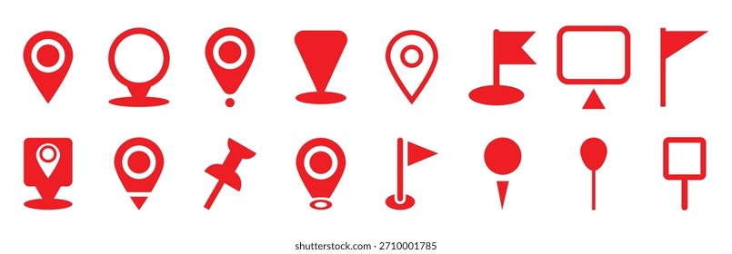 Conjunto de iconos de pin de ubicación rojo. Asignar punteros. Moderna colección de marcador de mapa. Símbolo de ubicación GPS. Vector de estilo plano. Ilustración vectorial.