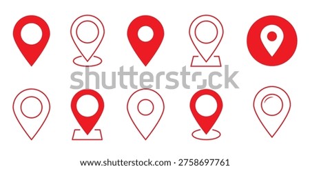 Set of red location pin icons. Red map pin icon set of location mark marker pin navigation map travel destination point pointer icons place tag geo gps geotag locator. Map pointers. GPS location symbol. Vector illustration.