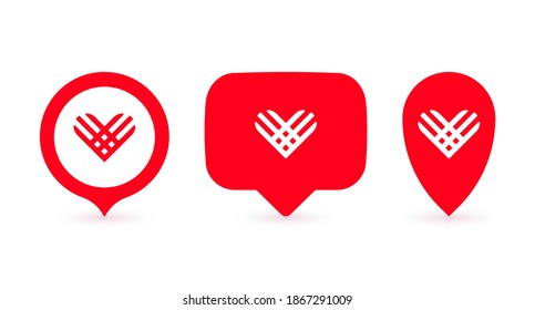 A set of red location pins, markers of different shapes with heart icons on them. Location indicators. GivingTuesday world charity day markers to indicate the location of promotions. Vector 