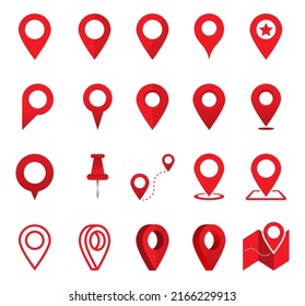 Conjunto de icono del pin del punto de ubicación rojo, Vector.