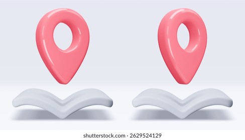 Set red location pointer om map, book, placemark, marker of map, navigation pin sign. 3d GPS icon. Sign for searching on map direction. Vector render illustration isolated on white background