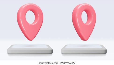 set Red location pointer om tablet, placemark, marker of map, navigation pin sign. 3d GPS icon with shadow. Sign for searching on map direction. Vector render illustration isolated on white background