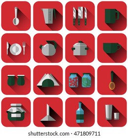 set of red logos with colorful kitchenware. Icons, logos, objects for restaurants, cafes, site | Vector Illustration