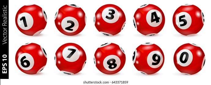 Set of red lottery bingo balls on white background. Vector illustration.