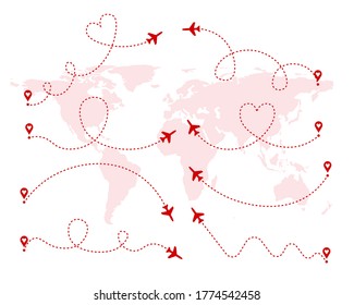 Set of red love airplane routes. Air plane flight route with start point and dash line trace. Romantic travel, heart dashed path isolated on world map background. Vector illustration.