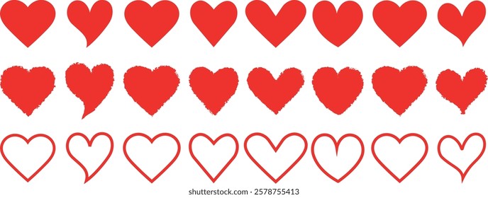 Set of red love in different pose. Heart, love, romance or valentine's day red heart vector icons. Heart shape Isolated on white background.