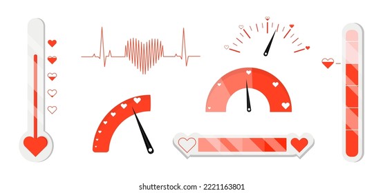 Set of red love meters in cartoon style. Vector illustration of love level for couples on valentine's day on white background.