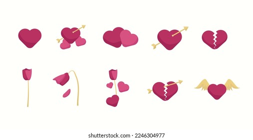 Set of Red Love Symbol and Flower for Valentine's Design