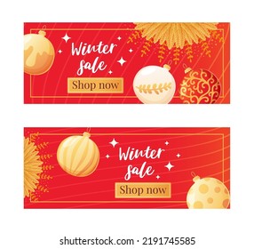 Set of red luxury christmas banners with gold balls and sparkles in realistic cartoon style Premium Vector.