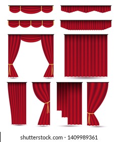 Set of red luxury silk velvet curtains and draperies.Realistic interior decoration design.Vector illustration isolated on white background