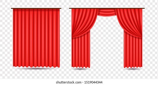 Set of red luxury silk velvet curtains and draperies open and closed, decorative cords and tassels isolated on background. Textile drape, decor elements for theater and cinema posters