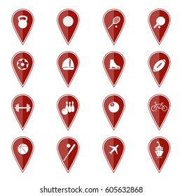 Set of red map pointers with sport icons. Vector illustration