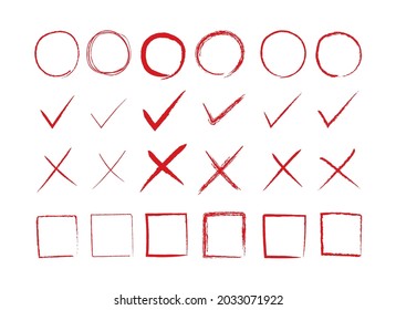 Set of red mark illustrations in brush and pencil style.