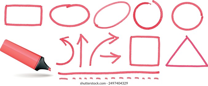 Set of red marker highlighter design elements. Underlines, strokes, lines, arrows, talk bubbles, text boxes, frames and borders.