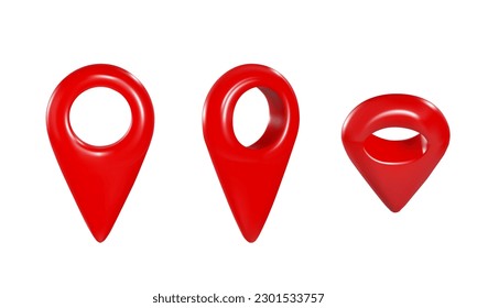 Set of red markers or pins for gps navigation. front view, side view, top view. vector realistic 3d illustration.