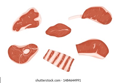 Set of red meats cuts. Vector Illustration. White background.