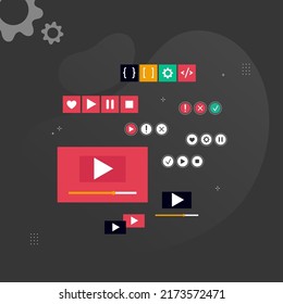 Set of Red Media player buttons icons in line style. Set of vector interface icons isolated, for the website and app.