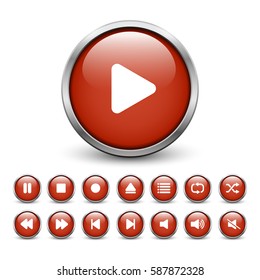 Set of red media player buttons with metal frame and shadow
