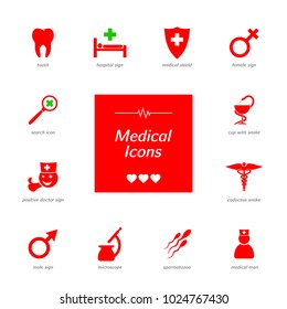 Set of red medical icons. Vector medical icons on white background.