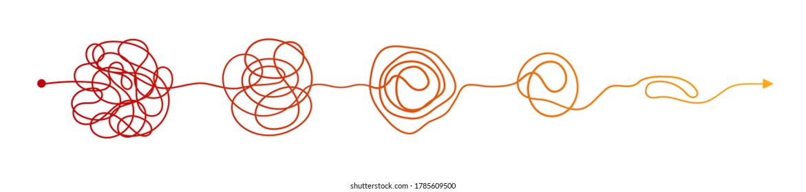 Set of red messy clew symbols connected between them line of symbols with scribbled round element, consept of transition from complicated to simple, isolated on white background. Vector illustration.