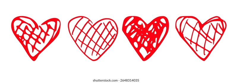 Conjunto de Formas de corazón de doodle dibujadas a mano de color rojo desordenado. Boceto de fieltro áspero o marcador con eclosión cruzada. Ilustración vectorial