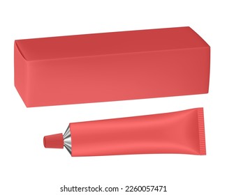 Set of red metal tube and box. Realistic mockup. Ointment or salve. Korean packaging. Blank cardboard package