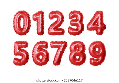 Set of Red Metallic Number Balloons Displayed Sequentially from Zero to Nine on White Background. Vector illustration