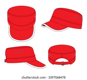 Set Red Military Cadet Cap Design Vector With White Edging Rim Brim.