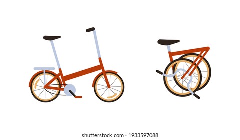 Set of Red Modern Folding City Bike. Ecological Transport side view and fold up. Commuting by compact portable electric Lightweight Bike. Ecological Transportation. Vector flat isolated on white.