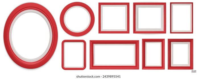 Set of red modern frame isolated on white background. Realistic rectangle, circle, oval Photo red frames mockup. Classic Borders set for painting, and photo gallery. 3d vector illustration.