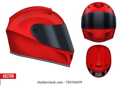 Set of Red motor racing helmets with closed glass visor. For car and motorcycle sport. Front and side and top view. Vector Illustration isolated on white background.