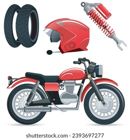 Set of red motorcycle, helmet, tires and shock absorber on a white background