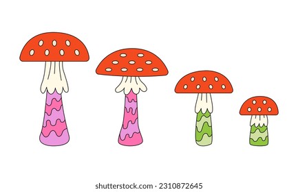 Set of red mushrooms fly agaric on isolated background. Vector flat illustration in groovy style. Hippie nostalgic aesthetic. Funny and cute fungus illustration