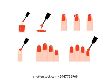 Set of red nail polish fingernail icon. Beauty, self care, manicure concept. Flat vector design isolated illustration. 