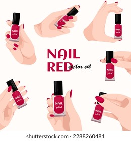 a set of red nails and nail polishes hand holding red nail polish