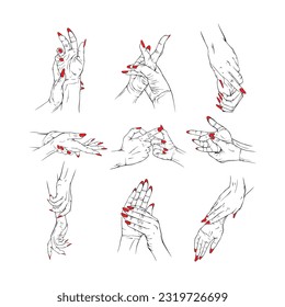 Set red neils two hand collection drawn gesture sketch vector illustration line art