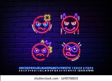 Set of red neon angry emoticons, April fools ' Day. Vector silhouette of a neon pair of discontented emoticons, consisting of contours, illuminated on a dark background with text.